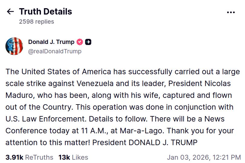 پست ترامپ در شبکه Truth Social